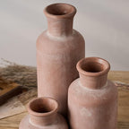 SIDUCAL Ceramic Rustic Farmhouse Vase Set of 3, Whitewashed Terracotta Vases, Clay Decorative Vases for Home Decor, Living Room, Shelf, Mantel Decoration(Brick-red)