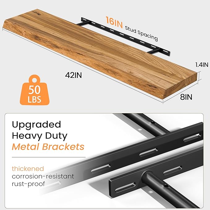 Fun Memories Floating Shelves for Wall, 42 Inch Rustic Live Edge Floating Shelf, Heavy-Duty Wall Shelves with Invisible Bracket Mount for Living Room, Bathroom, Bedroom, Kitchen, Natural