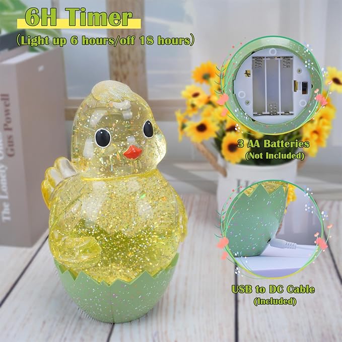 Spring Easter Chick Snow Globe Decor with Swirling Glitter, Easter Egg-Chick Snowglobe with 6H Timer, USB or Battery Operated, Easter Chick Decor for Holiday Spring Home Decor and Gift (Chick)