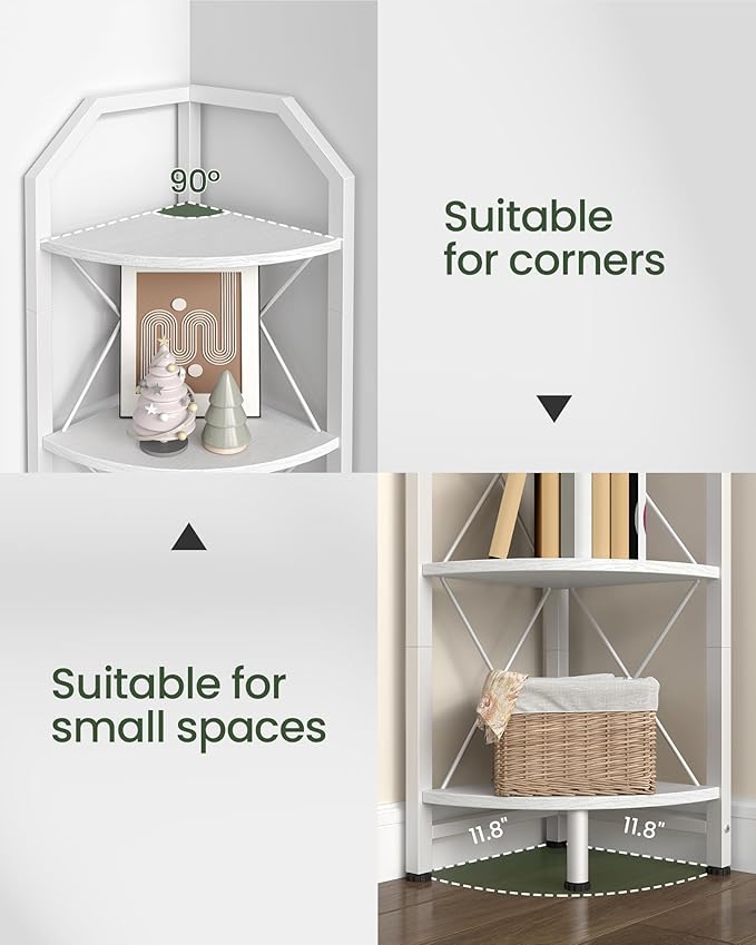 CHOEZON 5-Tier Corner Shelf, Industrial Corner Bookshelf, 59.4" Corner Storage Stand, Plant Stand Display Shelf, Corner Bookcase for Bedroom, Living Room, Home Office, White TCJ10WB