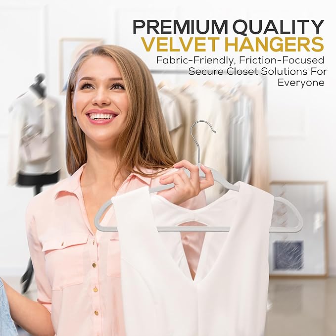 Premium Velvet Hangers 50 Pack Ultra Thin Non Slip Adult Felt Space Saving Suit Hanger for Closet Heavy Duty Coat Pants Jackets Dress Hangers 360° Swivel Hook Hold Upto 10 lbs Silver Birch
