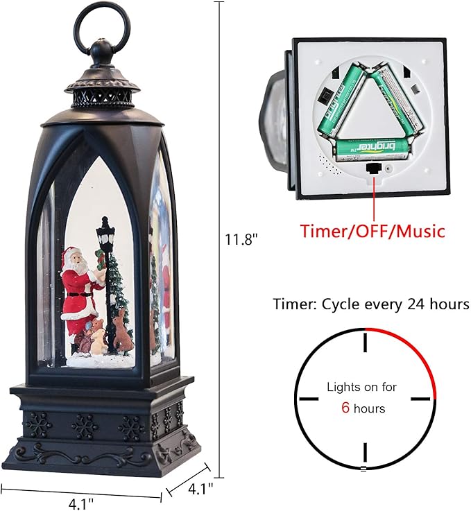 Eldnacele 12” Christmas Snow Globe Lantern Snowman with Music & Timer, USB Lined/Battery Operated Lighted Water Glittering Lantern for Christmas Festival Decoration Gifts – Santa