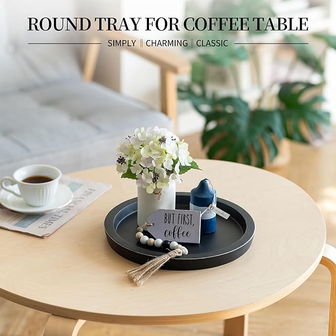 Hanobe Candle Plate Holder Tray: Round Wood Decorative Candle Plate - Rustic Farmhouse Coffee Table Decor - Tealight Pillar Trays for Home Decor (Black)