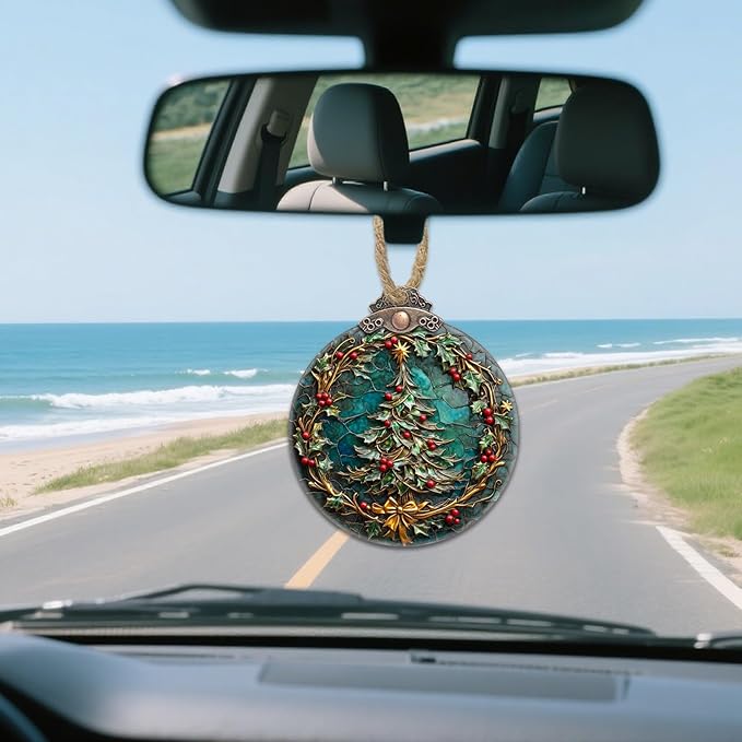 DASTOLL Stained Glass Christmas Decorations, Retro Red Dotted Wreath Suncatcher for Window Christmas Tree Hanging Ornaments Green Sun Catcher Xmas Decor Gifts for Women Men Mom Nana Friend