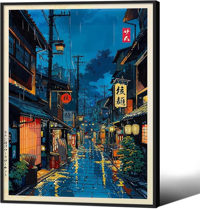 Japanese Tokyo Tea House Canvas Wall Art Japanese City Street Cafe Scene Picture Print Modern Ukiyo-e Decor Poster for Japanese Home Bedroom Decorations Artwork12x16in Black Framed