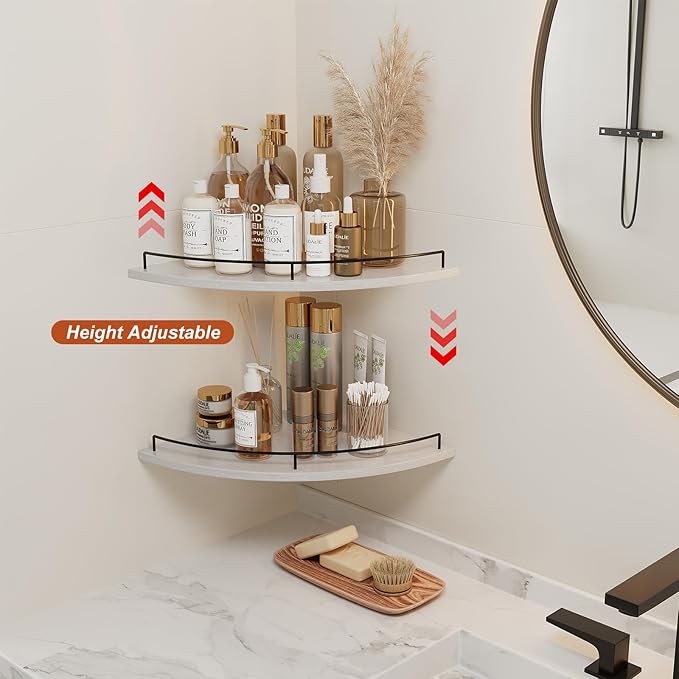 JJL Corner Shelf Wall Mounted, 12 Inches 2-Tier Floating Corner Shelf, Fan-Shaped Rustic Wood Decor with Fence, White Floating Shelves for Apartment Bedroom Kitchen Bathroom