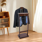 Suit Valet Stand for Men and Women, Wood Suit Stands Butler Clothing Rack, Floor Standing Clothes Valet with Drawer, Top Tray, Contour Hanger, Trouser Bar, Belt Hooks & Shoe Rack (Walnut Color)