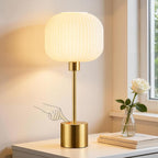 QiMH Glass Table Lamp for Living Room, Modern Bedside Lamp with Gream Ribbed Glass Shade, 3-Way Dimmable Touch Control Nightstand Lamp for Bedroom, Brushed Gold (2700K LED Bulb Included)