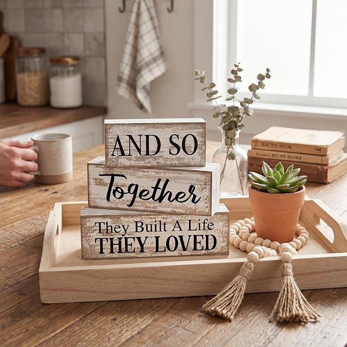 4 Pcs Farmhouse Home Decoration Wooden Tabletop and So Together They Built a Life They Loved Decor Motivational Tiered Tray Decor Rustic Block Sign Retro Bead Garland Table Centerpiece for Shelf Desk