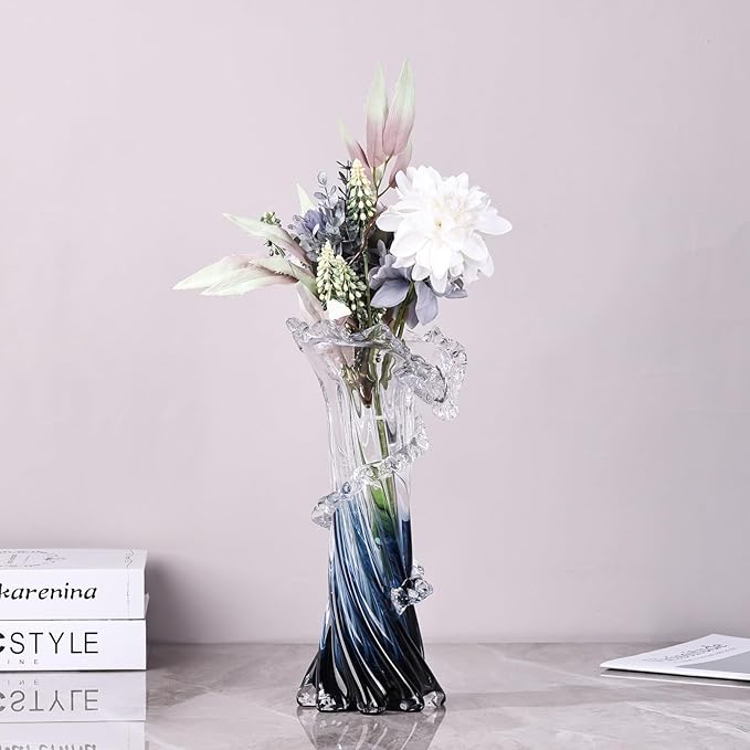 Blue White Clear Wave Vases Gradient, Murano Hand Blown Glass Vase Unique Art Decorative, for Ocean Themed Coastal Home Centerpiece Modern Office Entrance Table Creativity