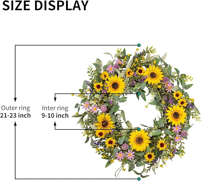 22 Inch Sunflower Wreaths for Front Door, Spring Summer Floral Wreath with Sunflowers, Purple Wildflowers and Lavender, Mixed Greenery for Indoor Outdoor Porch Wall Wedding Farmhouse Decor