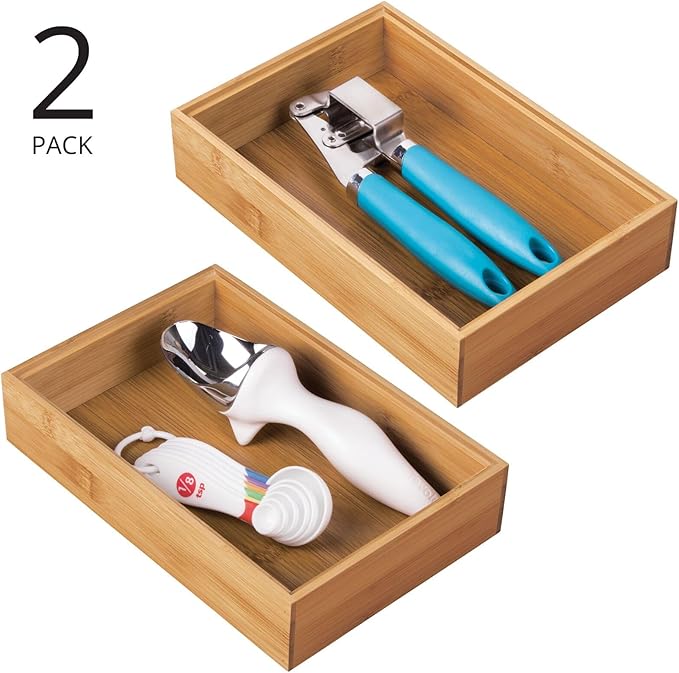 mDesign Pack of 2 Functional Drawer Organiser — Elegant Bamboo Kitchen Drawer Divider for Cutlery, Silverware, Utensils – Convenient Drawer Separator – Light Brown