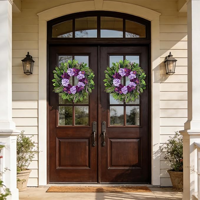 Summer Wreaths for Front Door, 24 Inch Summer Wreath Purple Floral with Hydrangea Ranunculus Flower Summer Door Wreaths for Porch Entryways Wall Window Farmhouse Party Home Seasonal Decor