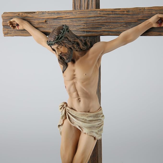 BC Catholic Crucifix Standing Cross, 15" H Jesus Christ Tabletop Home Decor, Religious Gift, Wood Carve Look, Realistic Color Finish, Renaissance Sculpture Hand Painted by Buildclassic