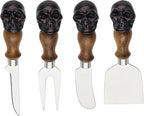 Oneida Serving Utensil Set, Skull Mirror Cheese Knives Flatware Set, Set of 4 Stainless Steel Utensils Set, Carved Wood Handles, Black Die Lacquer Finish, Halloween Decorations (4 Piece Cheese Knives)
