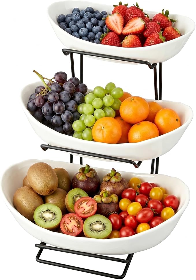 jessie 3 Tier Ceramic Fruit Basket for Kitchen Counter with Metal Stand, Fruit Bowls with Rack, Porcelain Bowls for Vegetable Bread Candy Snack Nuts Dessert Cake Tray