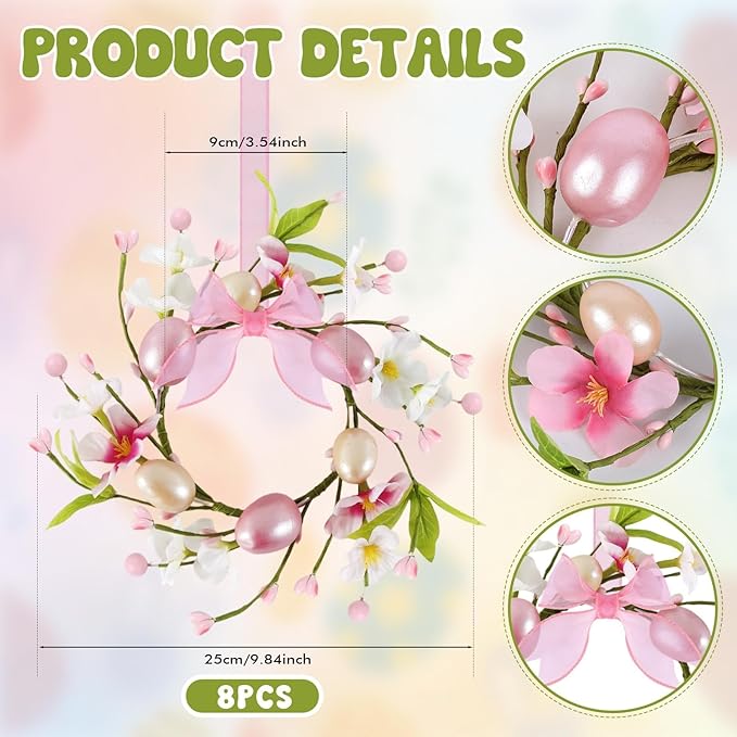 8 PCS Small Easter Wreaths for Kitchen Cabinet Mini Artificial Easter Egg Flower Wreath for Front Door Spring Summer Hanging Wreath with Pink Ribbon Berry for Home Porch Wall Window Farmhouse Decor