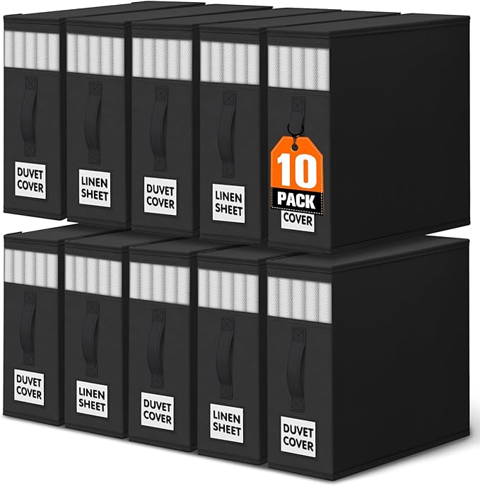 WOWBOX Sheet Organizers and Storage,Closet Bed Sheet Organizer Under Bed Storage and Organization with Label Cards & Clear Window for Bedding Sheets,Duvet Covers,Blankets (10 Pack，Black)