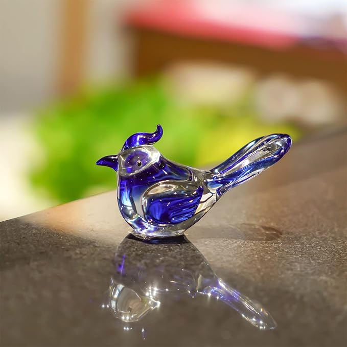 HDCRYSTALGIFTS 3.5inch Mini Blown Glass Bird Figurines Collectibles Handmade Glass Miniature Blue Jay Statue Ornament Home Table Decor Crystal Animal Paperweight Gift for Mom Women