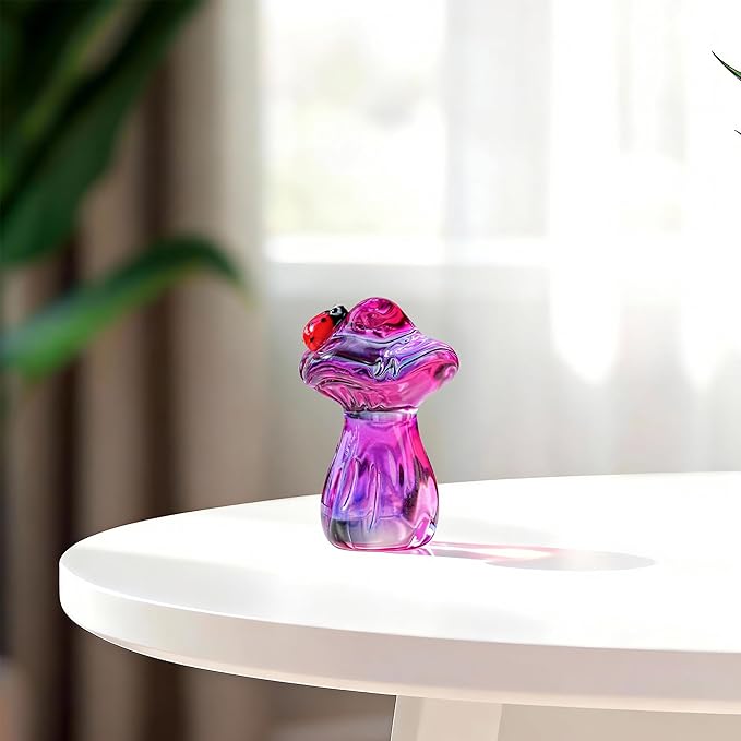 H&D HYALINE & DORA Crystal Mushroom Ladybug Figurine Handmade Glass Plant Figurine Collectible Kitchen Decor Mushroom Gifts for Women (Purple)