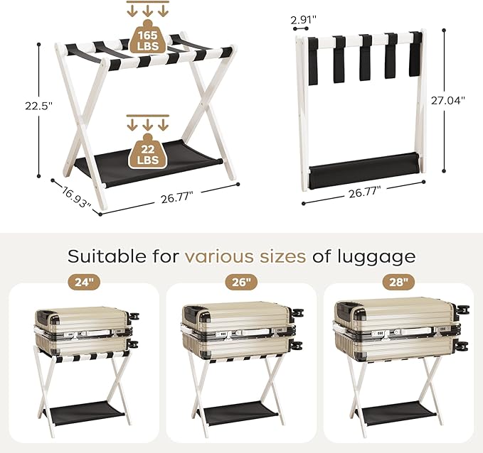 Fully Assembled Luggage Rack, 26.77" Folding Suitcase Stand with Storage Shelf, Bamboo Luggage Stand for Guest Room, Bedroon and Hotel, Holds up to 165 lb, Fit Most Luggage Size, 1 Pack, White