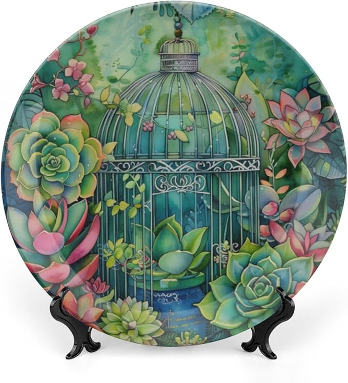 Garden Scenery Theme Decorative Ceramic Plate Round Porcelain Plate,Succulents and Bird Cage Pattern,for Decorative Ornaments Giving Plates, 1 Plate with 1 Display Stand,Green,6 inch