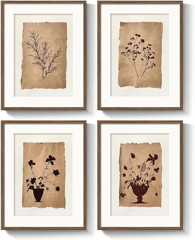 Framed Vintage Botanical Wall Art for Bedroom, 4 Piece Floral Brown Farmhouse Bathroom Picture Prints, Neutral Rustic Minimalist Botanical Artwork for Dining Room Fireplace Apartment Walls, 11x14 In
