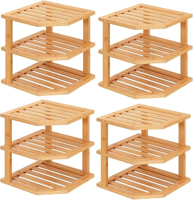 VERTORGAN 3 Tier Bamboo Corner Shelf(4 Pack),Dish Drying Rack,Plate Organizer,Kitchen Spice Rack for Countertop and Cabinet