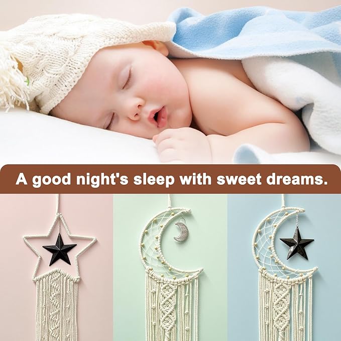 Macrame Moon Star Dream Catcher Decor for Girl, Boho Crescent Dreamcatcher Bohemian Wall Hanging Dream Catcher with Star Pendant for Home Bedroom Craft Decoration(3pcs)