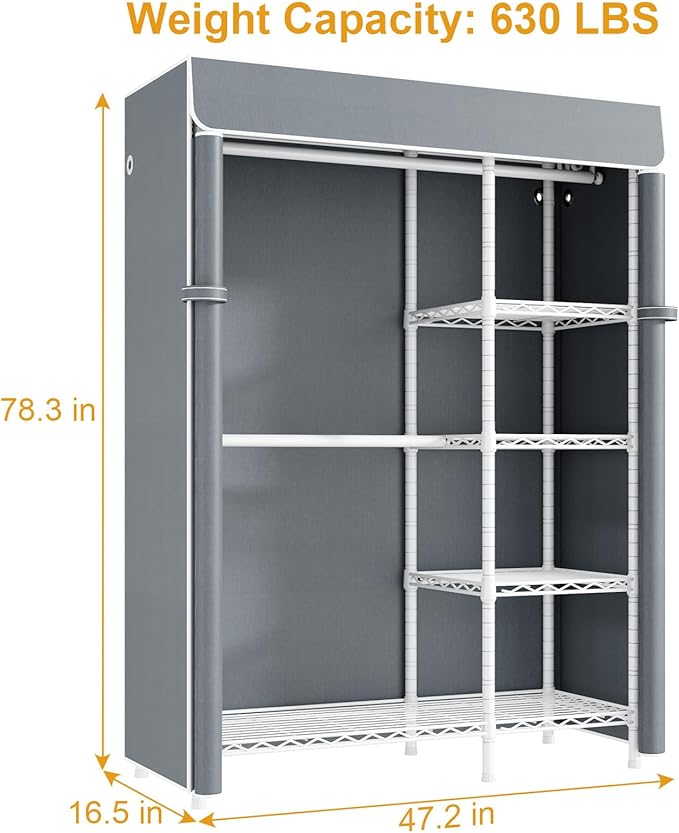 F2C Clothes Rack with Cover, Clothing Racks for Hanging Clothes, Heavy Duty Garment Rack with Shelves and Hanger Rods, White Closet with Gray Cover, 47.2" W x 16.5" D x 78.3" H, Load 630lbs
