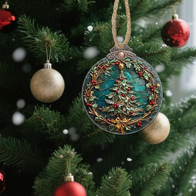 DASTOLL Stained Glass Christmas Decorations, Retro Red Dotted Wreath Suncatcher for Window Christmas Tree Hanging Ornaments Green Sun Catcher Xmas Decor Gifts for Women Men Mom Nana Friend