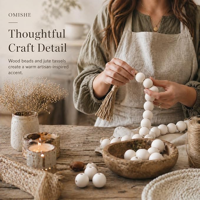 OMISHE 50" Long Extra Large Wood Bead Garland with 1.6" Diameter Wooden Beads and Tassels, Rustic Farmhouse Country Decorative Beads for Home Tiered Tray Decor, White