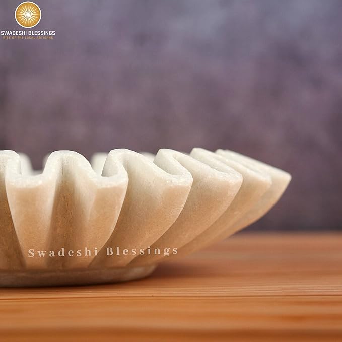 SWADESHI BLESSINGS HandCrafted Marble Ruffle Bowl/Antique Scallop Bowl/Fruit Bowl/Vintage Ring Dish/Decorative Flower Dish/HouseWarming Gift/Wedding Gifts/Urli (12 Inches)