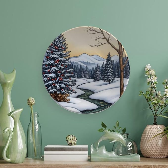 Cedar Theme Decorative Ceramic Plate Round Porcelain Plate,6 inch,Winter Watercolor Scene Pattern,for Decorative Ornaments Giving Plates,1 Plate with 1 Display Stand,Blue White