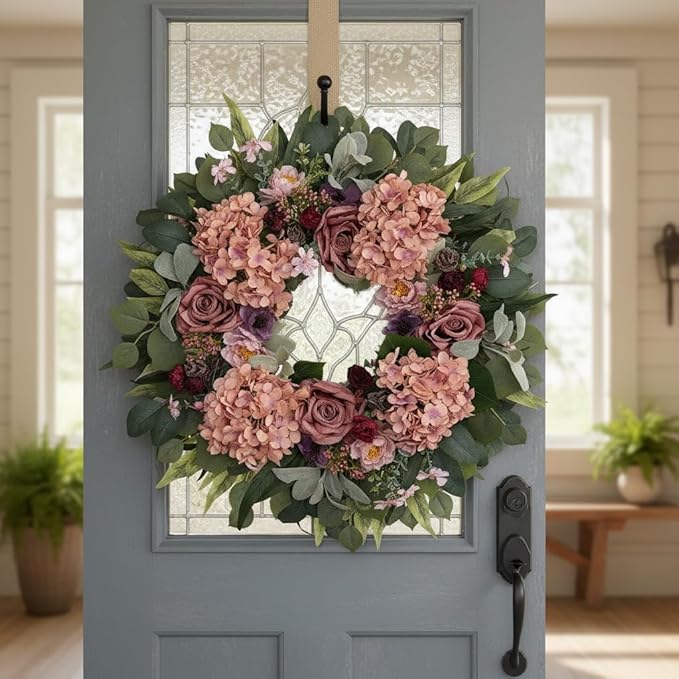 WANNA-CUL 24 Inch Spring Hydrangea Wreaths for Front Door,Pink Rose Peony Floral Door Wreath for Mother’s Day Valentine Wedding Year Round Indoor Outdoor Wall Decor