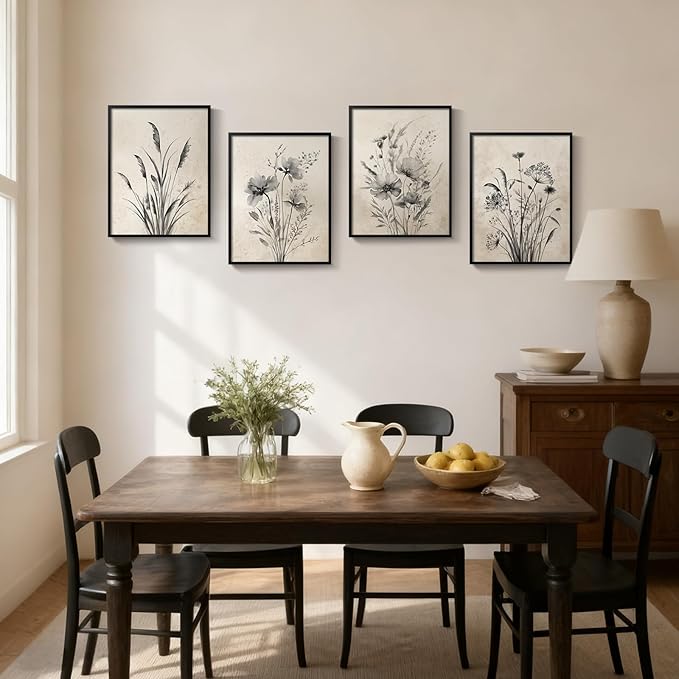 Framed Vintage Botanical Wall Art, 4 Piece Neutral Rustic Boho Floral Canvas Painting Prints for Modern Farmhouse, Black and White Flower Pictures for Living Room Bedroom Dining Room Wall Decor, 12x16