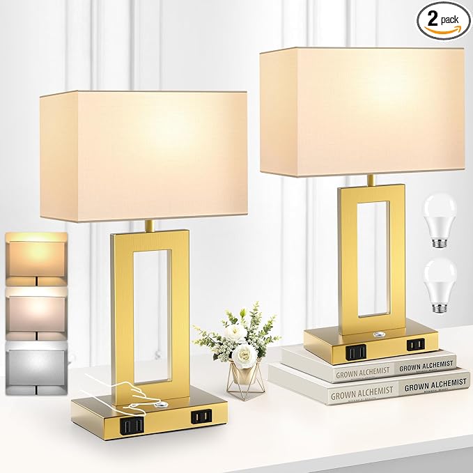Kondras 3 Color Temperatures Touch Control Table Lamps Set of 2, Stepless Dimmable Bedside Lamps with 2 USB Ports&AC Outlet, Modern Nightstand Lamps for Bedroom Living Room, Bulbs Included, Gold&White