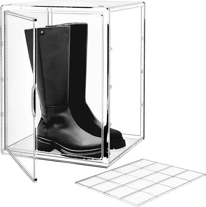 15.75''x11.81''x9.84'' XX-Large Clear Shoe Storage Boxes with Divider, Stackable Plastic Boot Boxes with Magnetic Door, Acrylic display case Box with Lids for Sneaker Purses Handbags Books (1)