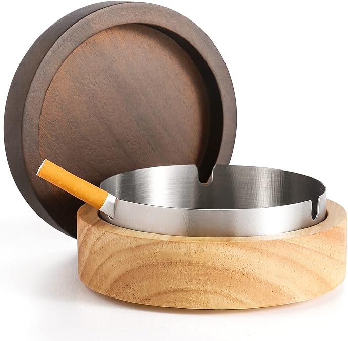 Cute Ashtrays for Cigarettes Smokeless Ash Tray with Stainless Steel Liner Windproof Wooden Ashtray with Lid for Home Office Tabletop Outside Patio