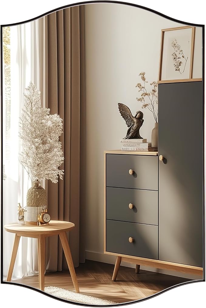 ANDY STAR 24"x36" Bronze Bathroom Mirror, Rectangle Scalloped Wall Mirror in Stainless Steel Metal Frame, Modern Brushed Bronze Finish with Curved Edge Design, Wall-Mount Vertically or Horizontally