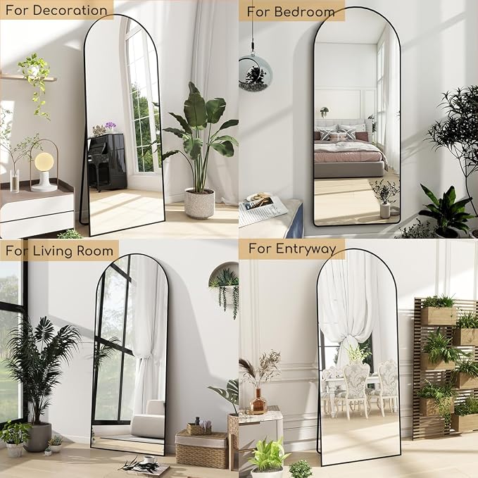 Prywot Arched Floor Mirror, 58 "x 18" Full Length Mirror Wall Mirrors Hanging or Leaning Arched-Top Full Body Mirrors with Stand for Bedroom, Dressing Room, Black