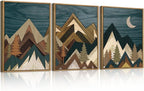 BINCUE Boho Mountain Wall Art Framed Landscape Wall Decor Modern Nature Artwork Mountains Wall Pictures Moon Art Landscape Paintings Rustic Prints for Farmhouse Bedroom Living Room Office 12x16 Inch 3 Piece