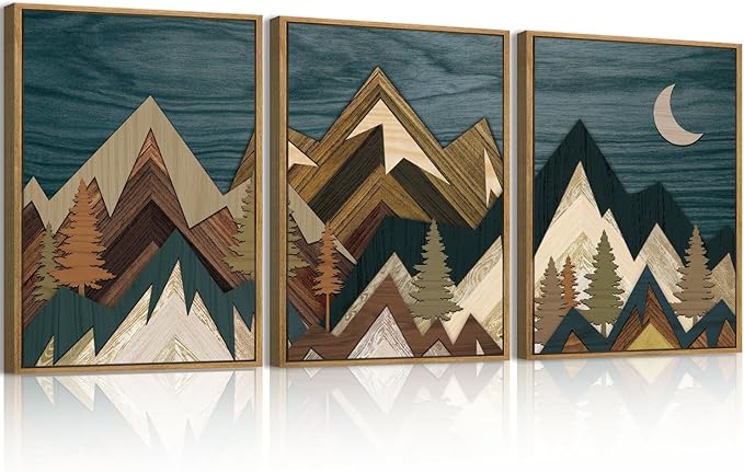 BINCUE Boho Mountain Wall Art Framed Landscape Wall Decor Modern Nature Artwork Mountains Wall Pictures Moon Art Landscape Paintings Rustic Prints for Farmhouse Bedroom Living Room Office 12x16 Inch 3 Piece