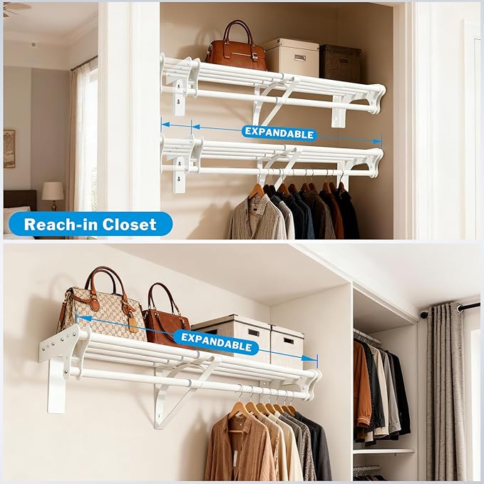 Steel Closet Shelf with Hanging Rod, Back Wall & Side Wall Mounted, 52-95'' Expandable White Closet Shelves, Heavy Duty Storage Rack Holds 220 lbs, Adjustable DIY Closet Rod Divider Separator