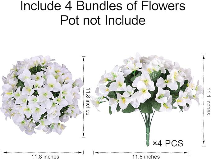 Faux Bougainvillea Artificial Flowers Plants for Outdoors, 4 Bundles Spring Fake Outdoor Flowers Silk Bougainvillea for Outside UV Resistant Realistic for Porch Patio Window Planter Garden Home, White