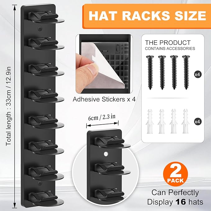 2 Pack Hat Organizer for Baseball Caps, Hat Rack for Wall, Strong Adhesive & Screw-in Cap Holder Hats Hangers for Closet Door & Bedroom