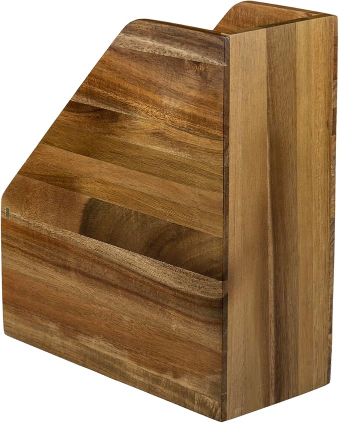 MyGift Premium Hotel Series Solid Acacia Wood Desktop Magazine File Holder Bin with Brass Tone Metal Accent, Vertical Office Desk Document Folder Binder Storage Organizer Rack