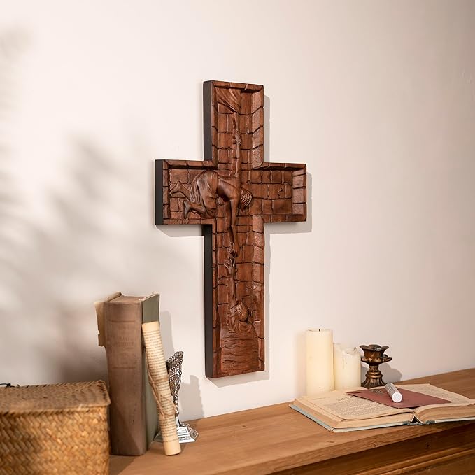 BGCOPPER Crucifix Wall Cross Handmade Wooden Cross with Hook, Christian Wall Art Jesus Wall Cross Gifts for Church Home Room Decor Christmas Cross - 10 Inch
