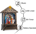 Christmas Snow Globe Lantern Water Glittering Nativity Manger with Star, USB Lined/Battery Operated Lighted Lantern for Christmas Festival Decoration Gifts