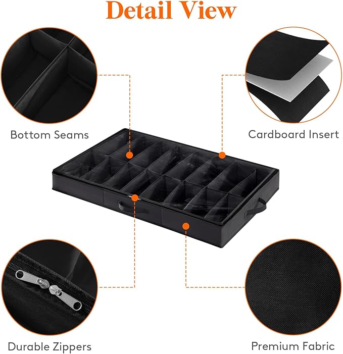 Lifewit Under Bed Shoe Storage Organizer 2 Pack(16 Pairs+4 Pairs), 4.3" Tall Fabric Shoes Container Box, Foldable Closet Shoe Bag with 2 Reinforced Handles and Clear Cover, Black